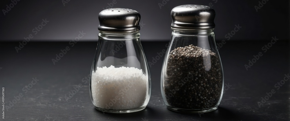 Two glass jars containing salt and pepper, essential spices for enhancing flavor in cooking and dining. Two glass jars containing salt and pepper, essential spices for enhancing flavor in cooking and dining.