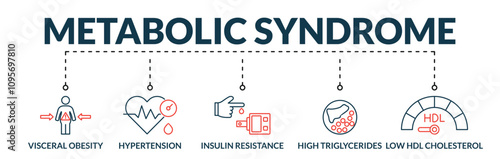 Banner of metabolic syndrome web vector illustration concept with icons of visceral obesity, hypertension, insulin resistance, high triglycerides, low hdl cholesterol
