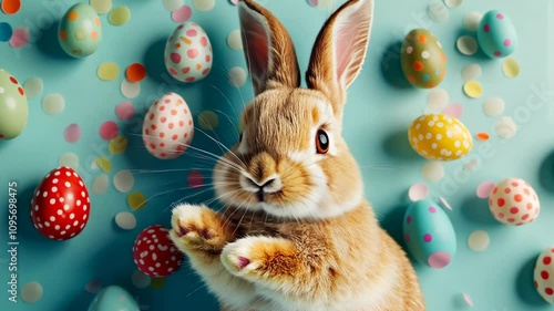 Cute bunny surrounded by colorful Easter eggs and confetti on a bright background during spring celebrations photo