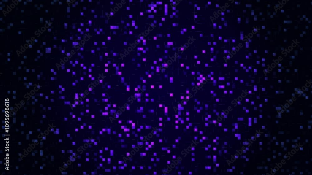 Dynamic glowing purple pixels animated on dark background Dynamic glowing purple pixels animated on dark background