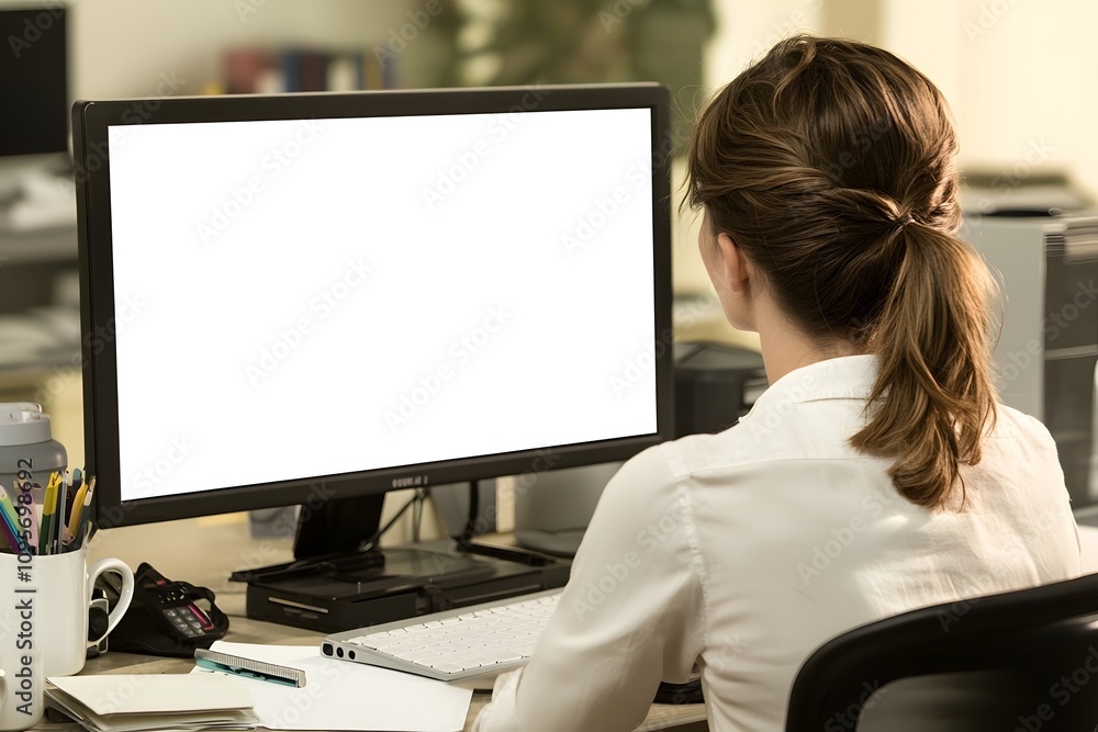 A blank white computer screen with a black frame on an office desk. A woman is looking at the monitor, with coffee mugs and work papers around it. Mockup style A blank white computer screen with a black frame on an office desk. A woman is looking at the monitor, with coffee mugs and work papers around it. Mockup style