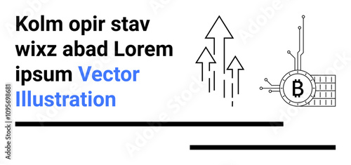 Bitcoin network symbol connected with lines and arrows pointing up. Ideal for cryptocurrency, blockchain, finance, investment, digital currency, technology, and economic growth themes. Landing page