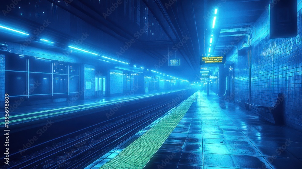 Fototapeta premium A dimly lit subway station with blue neon lights reflecting on wet tiles.