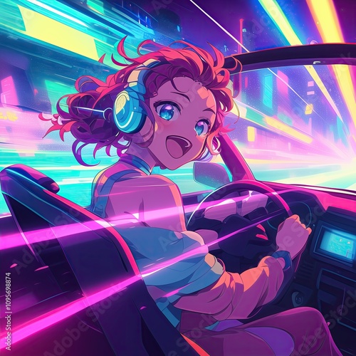 アニメの女の子 ポニーテールとヘッドフォンをつけて運転