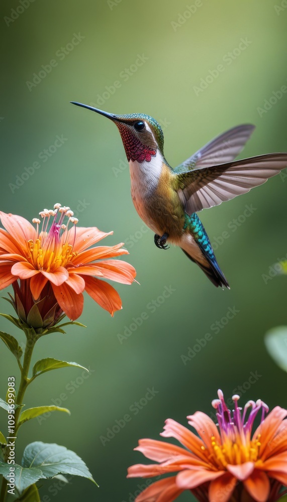 Fototapeta premium A beautiful hummingbird hovering near a flower.