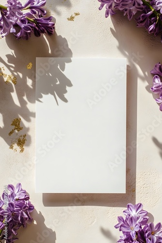 A5 white card mockup, flat lay on a beige table with purple hyacinths and gold accents, modern, minimalist