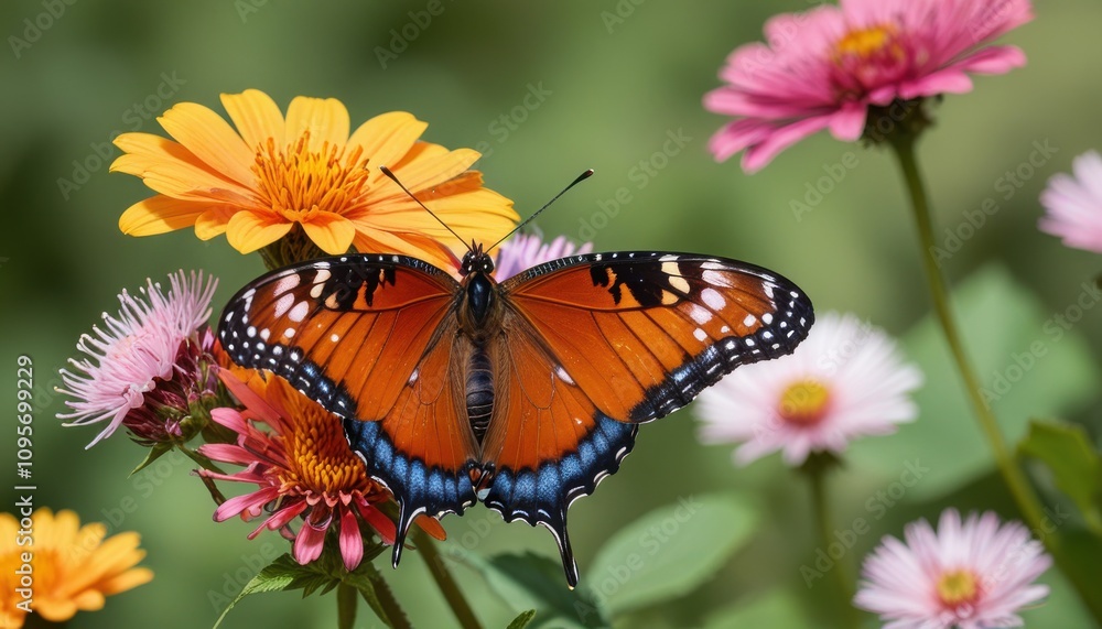 A colorful butterfly resting on a blooming flower A colorful butterfly resting on a blooming flower