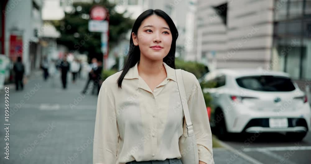 Japanese, walking and woman in city, business and confidence with urban town. Asian person, entrepreneur and girl in street, thinking and pride with professional, commute and decision with choice Japanese, walking and woman in city, business and confidence with urban town. Asian person, entrepreneur and girl in street, thinking and pride with professional, commute and decision with choice