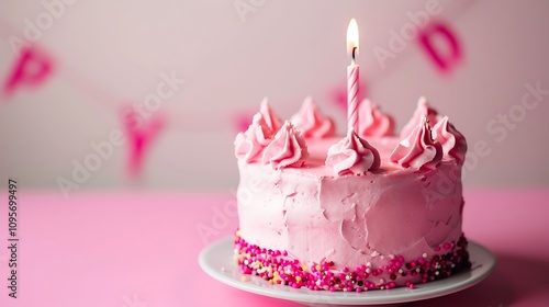 A pink birthday cake with frosting and a candle, set against a soft pink background, perfect for celebrations.