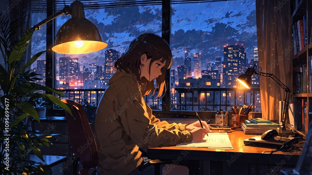 Cozy Anime Study Scene with Night City View Cozy Anime Study Scene with Night City View