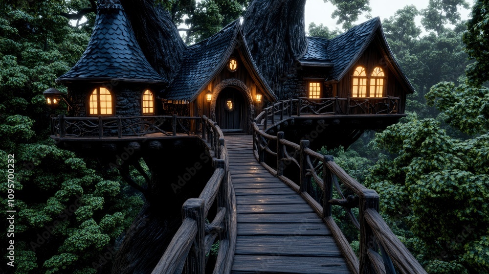 Enchanting Treetop House in a Lush Forest at Dusk Enchanting Treetop House in a Lush Forest at Dusk