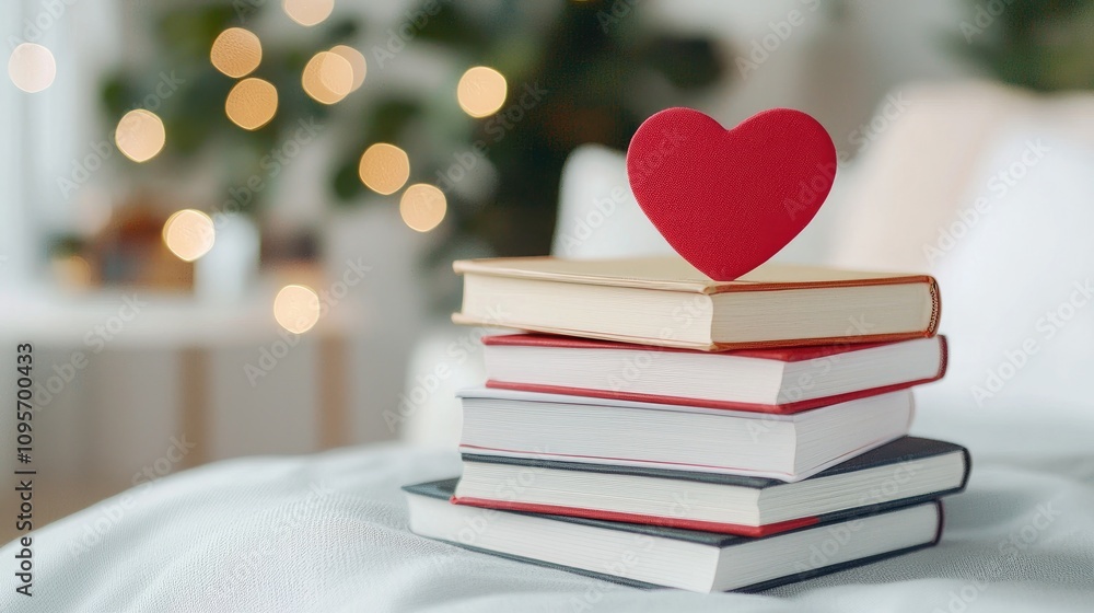 Heart Decoration on Stack of Books in Cozy Setting Heart Decoration on Stack of Books in Cozy Setting