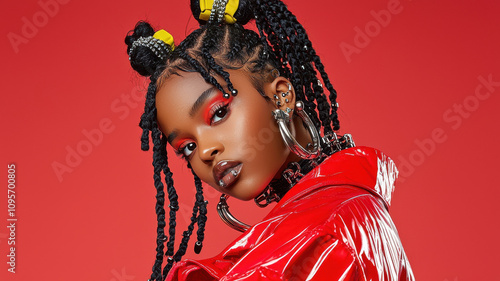 Bold and vibrant portrait of young woman with striking makeup and unique hairstyle, showcasing edgy fashion and confidence