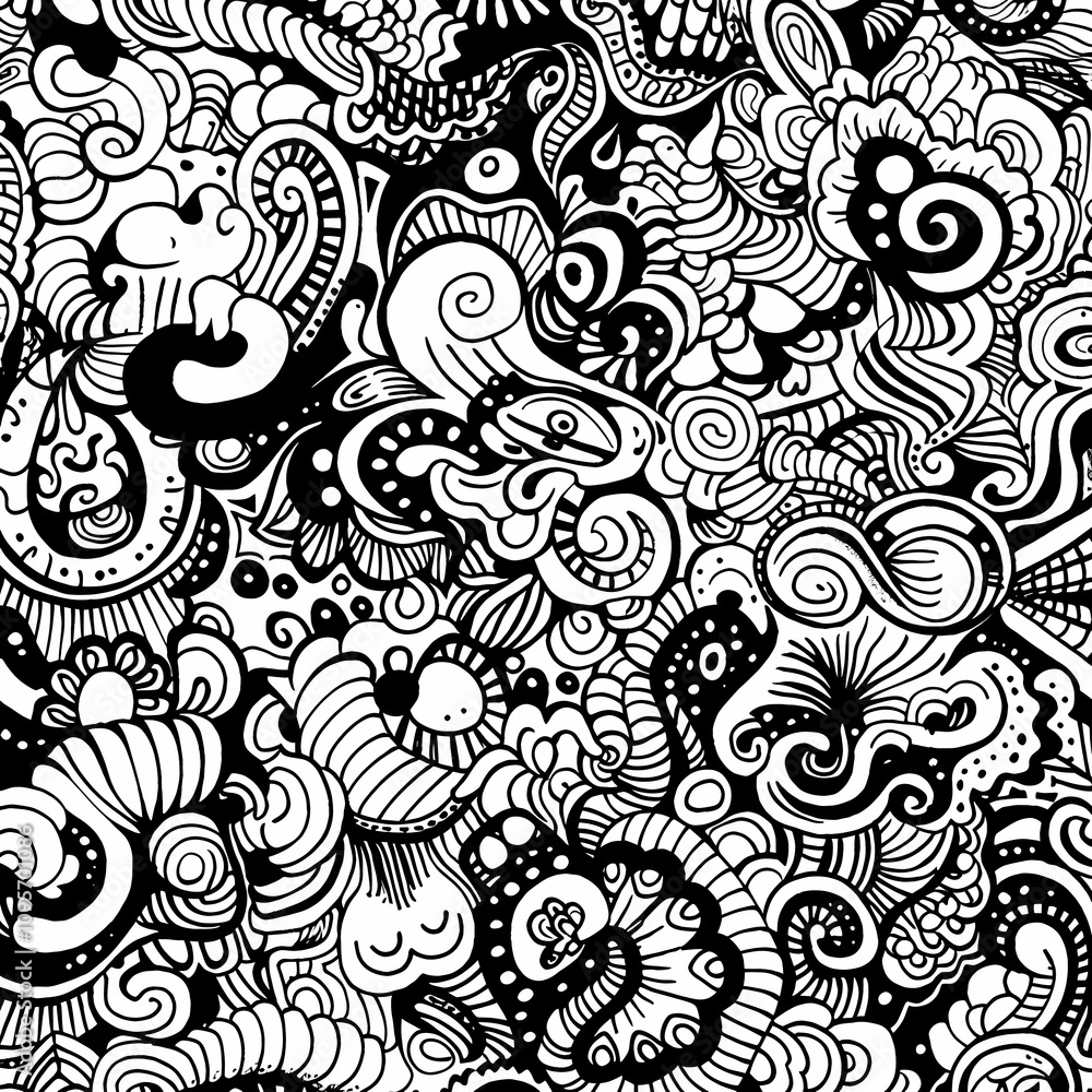 Obraz premium Intricate black and white abstract patterns featuring flowing lines and whimsical shapes, creating a mesmerizing visual experience.