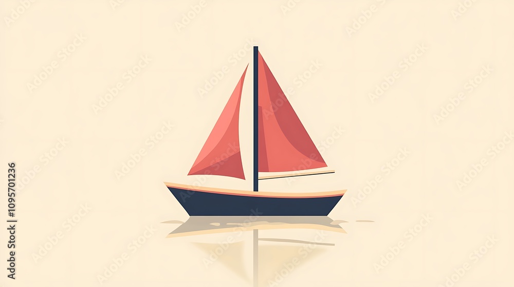 Red Sailed Sailboat Floating Calmly On Water Red Sailed Sailboat Floating Calmly On Water