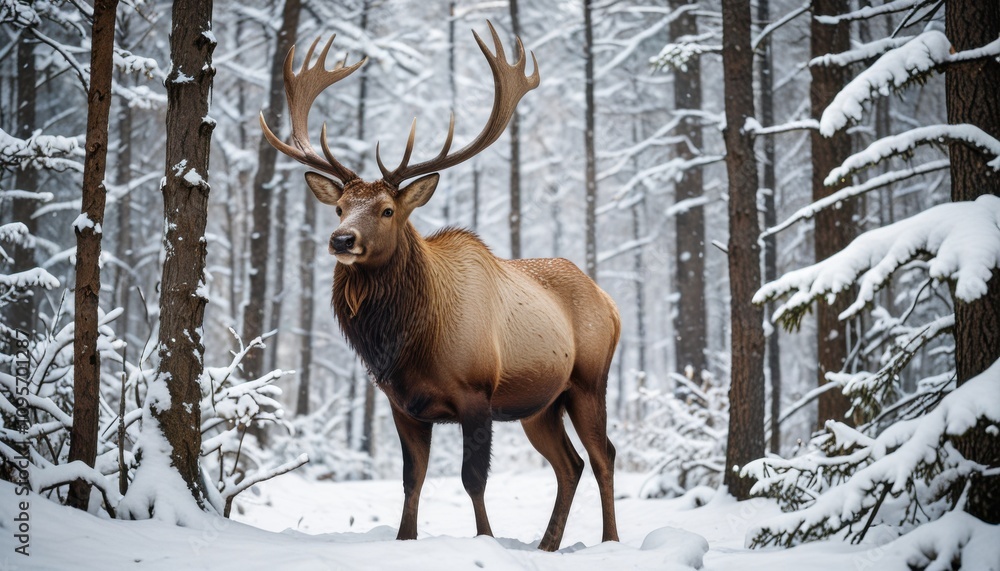 A majestic elk standing in a snowy forest. A majestic elk standing in a snowy forest.