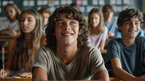 A group of students in a classroom, focused and engaged, with one boy smiling brightly.