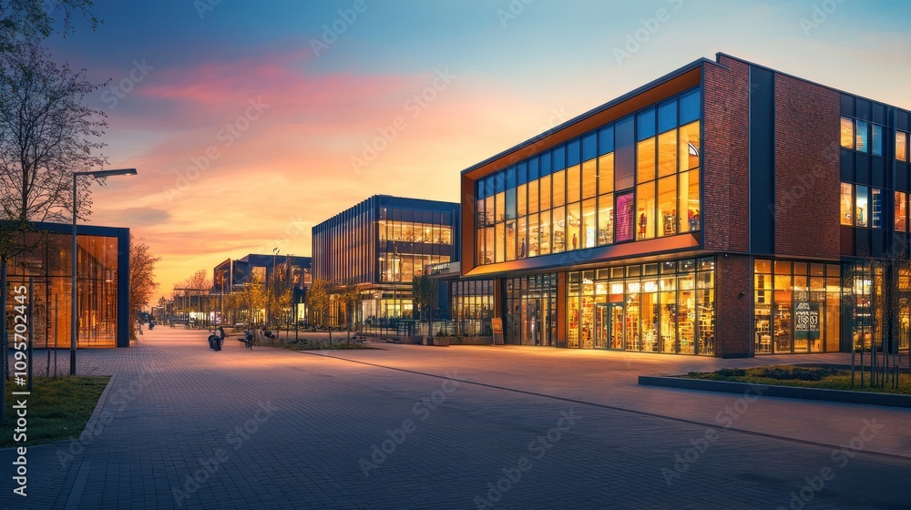 Obraz premium Modern shopping mall at sunset.