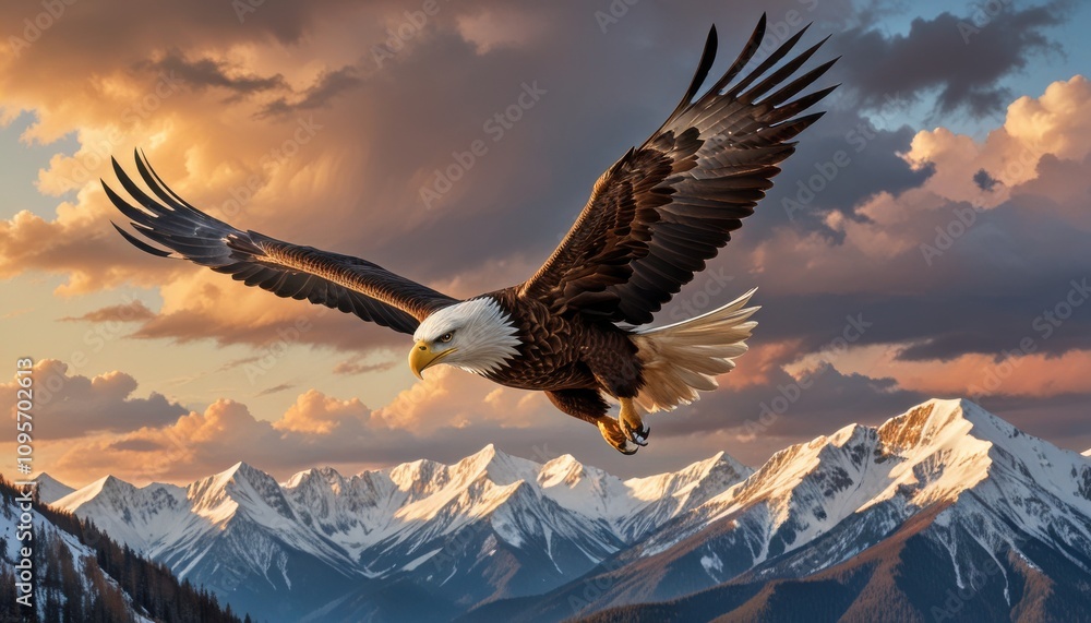 Obraz premium A powerful eagle soaring high above the mountains