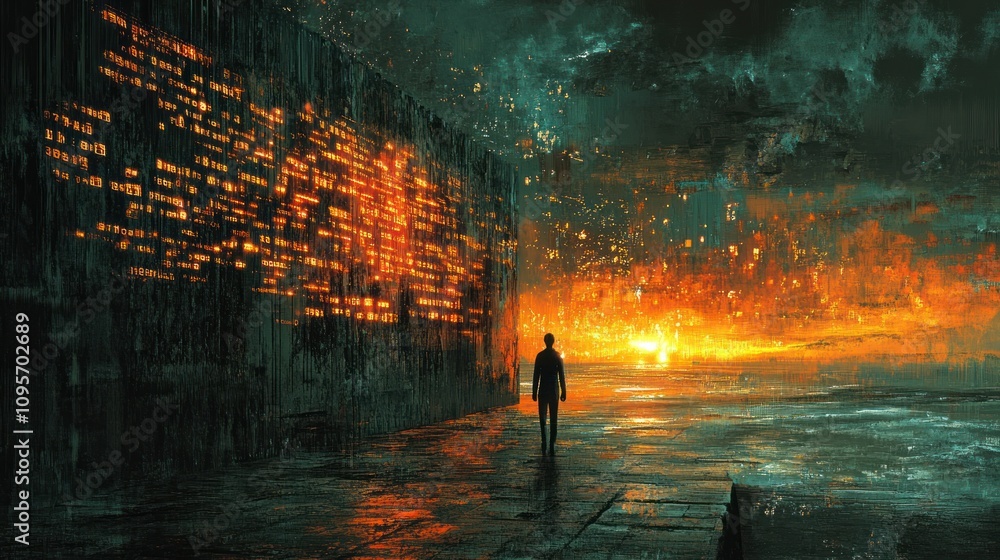 A solitary figure stands before a glowing wall amidst a dramatic, fiery landscape. A solitary figure stands before a glowing wall amidst a dramatic, fiery landscape.