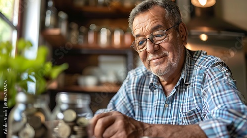 An elderly man counting coins at a table, reflecting on finances and savings in a cozy, well-lit environment.