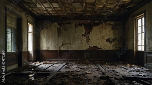 Decaying interior of an abandoned building showcasing peeling paint and scattered debris