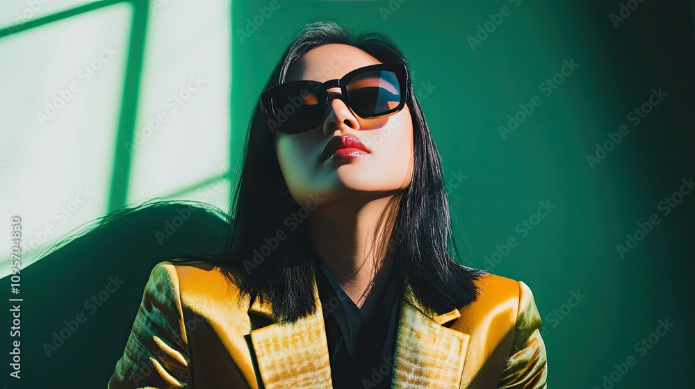 Stylish Woman in Sunglasses with Bold Outfit Posing Elegantly Stylish Woman in Sunglasses with Bold Outfit Posing Elegantly