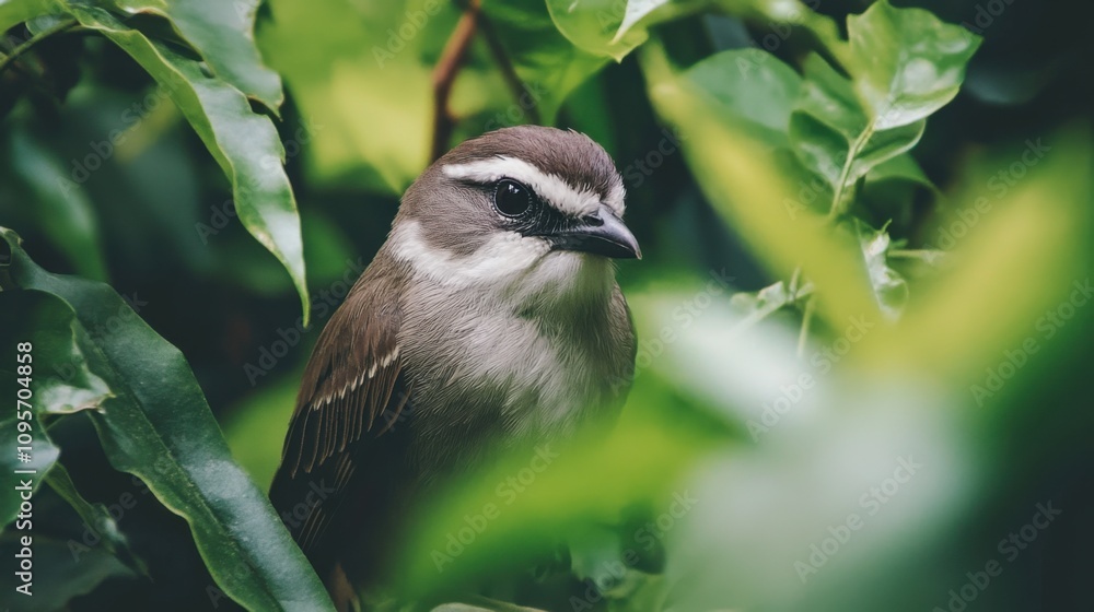 Close-Up of a Beautiful Bird Resting Among Green Leaves in a Lush Landscape, Showcasing Its Detail and Serenity Amid Nature's Vibrant Environment Close-Up of a Beautiful Bird Resting Among Green Leaves in a Lush Landscape, Showcasing Its Detail and Serenity Amid Nature's Vibrant Environment