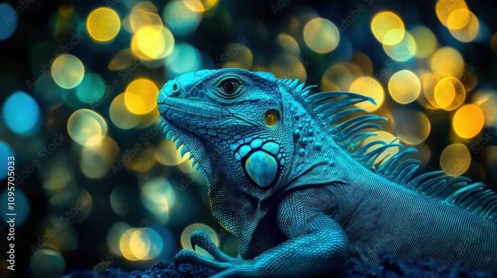 Close-Up of a Vibrant Iguana Displaying Stunning Details Against a Dreamy Bokeh Background with Soft Colorful Lights for Nature and Wildlife Enthusiasts Close-Up of a Vibrant Iguana Displaying Stunning Details Against a Dreamy Bokeh Background with Soft Colorful Lights for Nature and Wildlife Enthusiasts