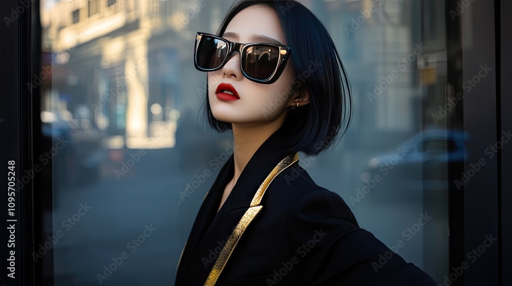 Fashionable Woman Posing in Sunglasses with Bold Red Lips Fashionable Woman Posing in Sunglasses with Bold Red Lips