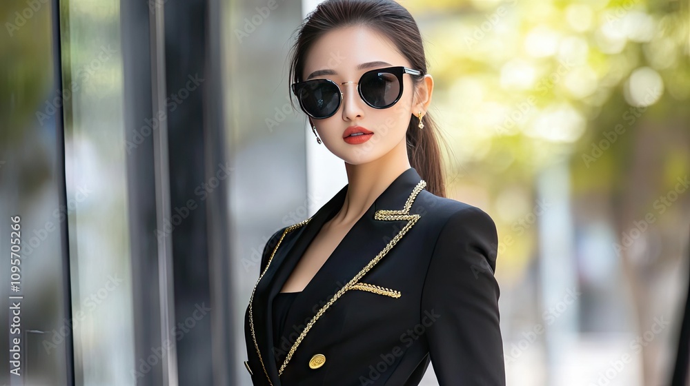 Stylish Woman in Black Suit and Sunglasses Posing Outdoors Stylish Woman in Black Suit and Sunglasses Posing Outdoors