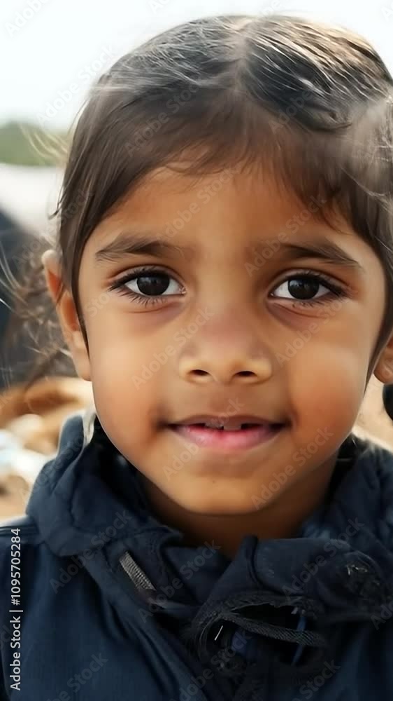 Smiling young refugee girl radiating hope and innocence Smiling young refugee girl radiating hope and innocence