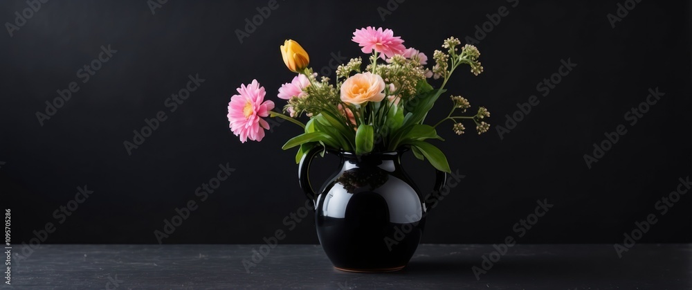 Fototapeta premium Vibrant flower arrangement in black vase, showcasing beauty and elegance, perfect for home decor or celebrations.