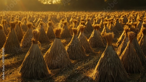 Golden wheat sheaves at sunset.