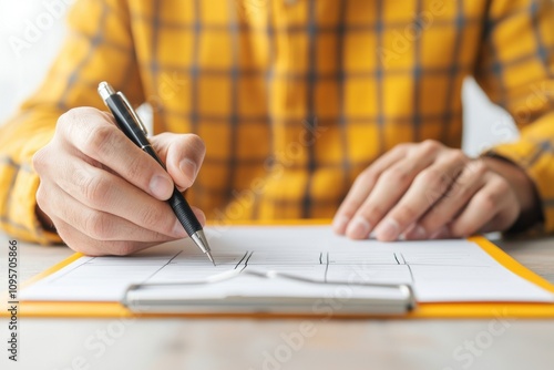 property loan mortgage qualification concept. Person in checkered shirt writing notes on a clipboard.