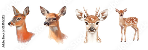 Various illustrated deer heads and a fawn, showcasing their unique features and expressions.