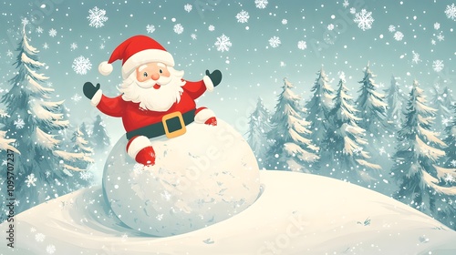 A joyful Santa Claus riding on a giant snowball down a snowy hill surrounded by pine trees, with snowflakes falling and a festive atmosphere