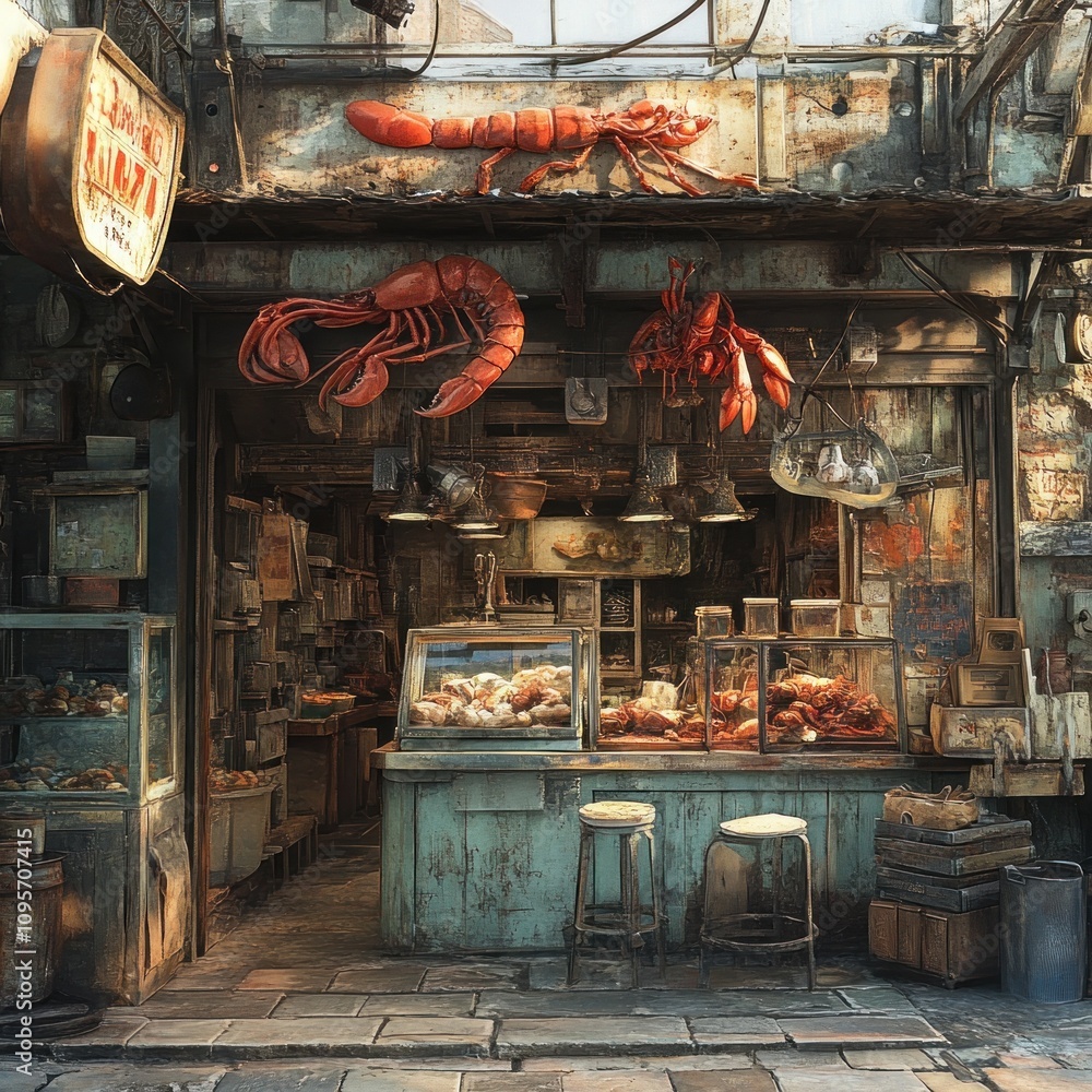 A rustic seafood market showcasing various fresh seafood, emphasizing a lively atmosphere. A rustic seafood market showcasing various fresh seafood, emphasizing a lively atmosphere.