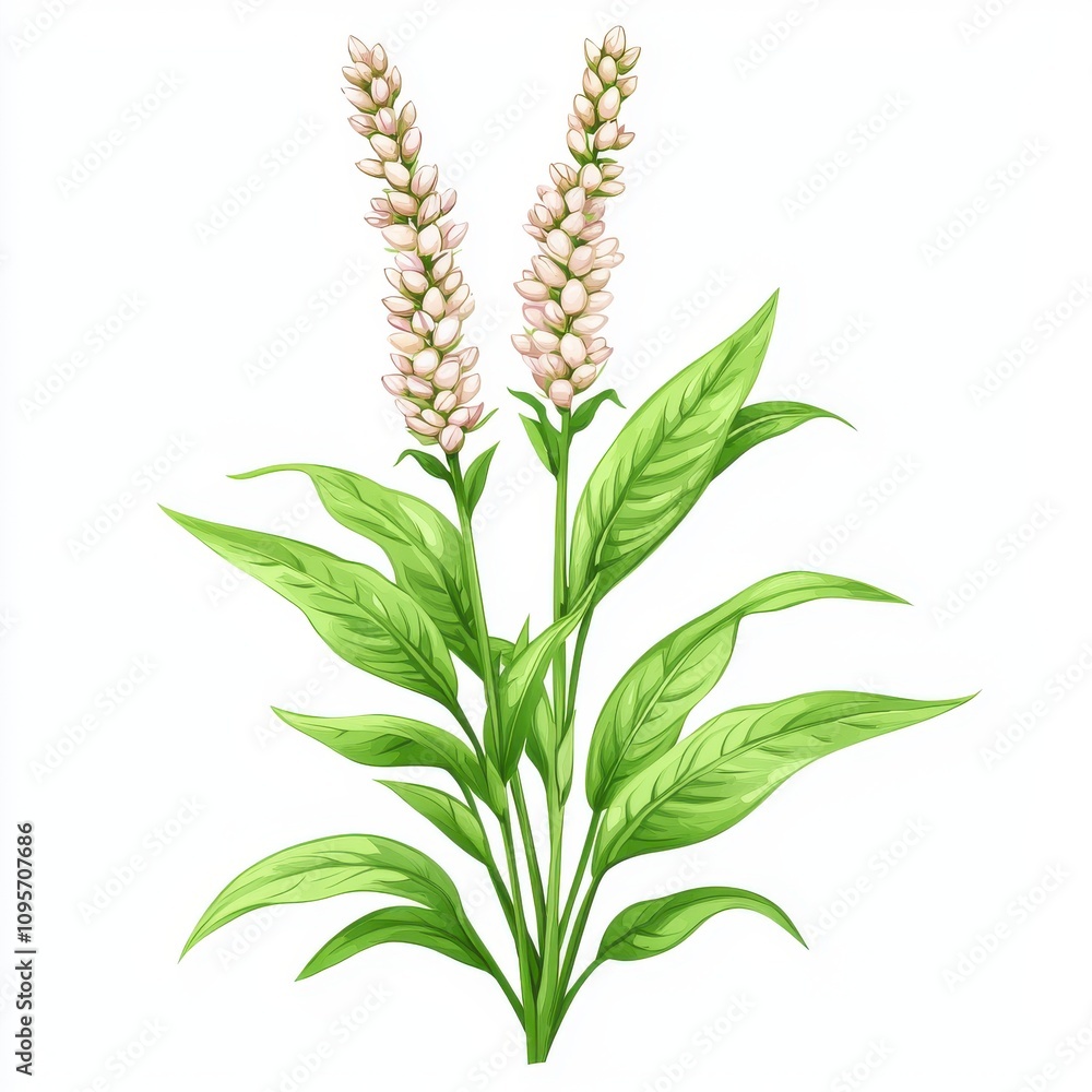 Obraz premium vegan sorghum grain concept. Botanical illustration of a plant with green leaves and white flowers.