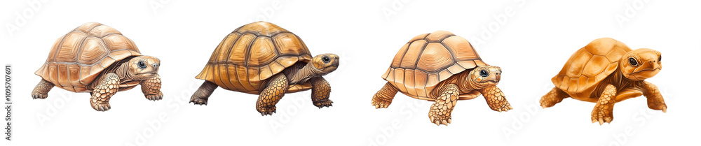 Obraz premium Four tortoises showcasing various sizes and stages of growth against a white background.