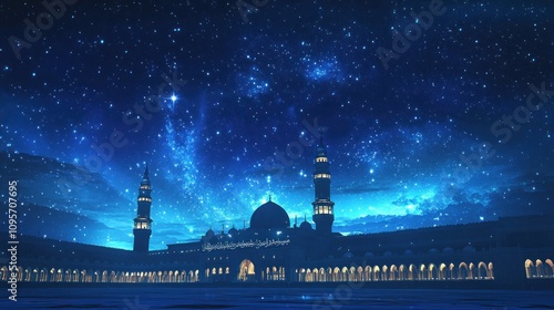 Starry night over the Kaaba, mosque glowing with lights, deep blue sky with visible stars, creating a mystical and spiritual scene