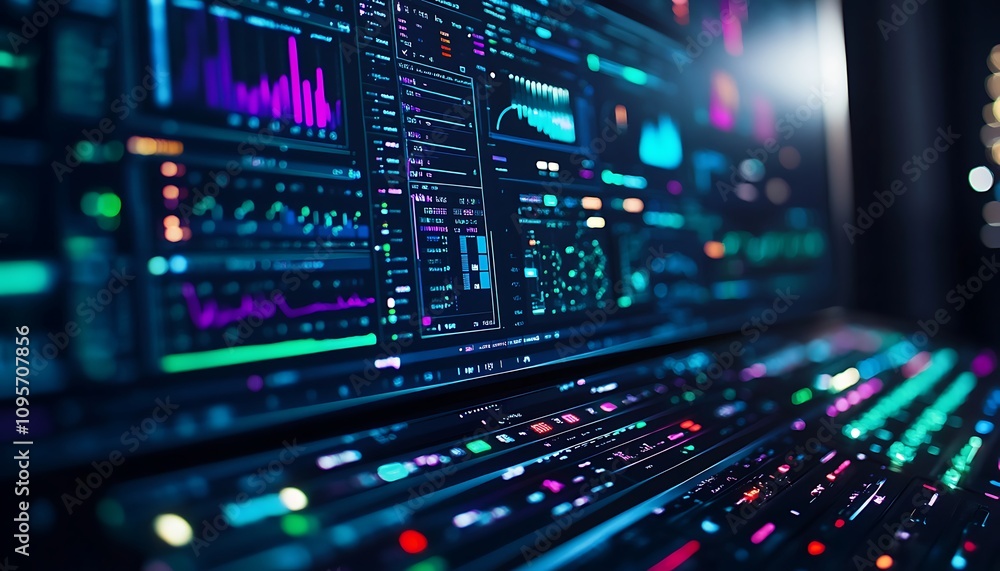 A vibrant display of data analytics on a modern computer interface. A vibrant display of data analytics on a modern computer interface.