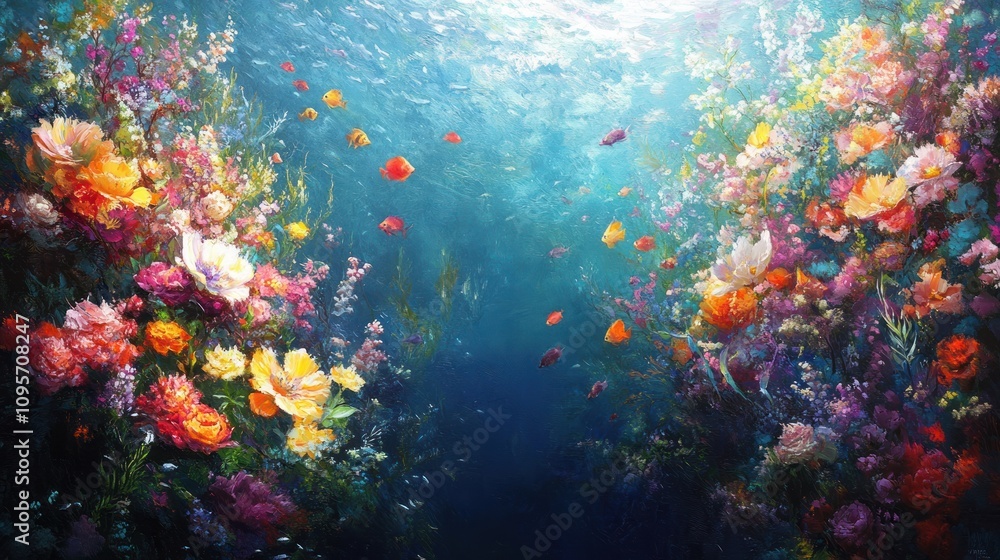 Naklejka premium A vibrant underwater scene filled with colorful flowers and fish, creating a serene atmosphere.