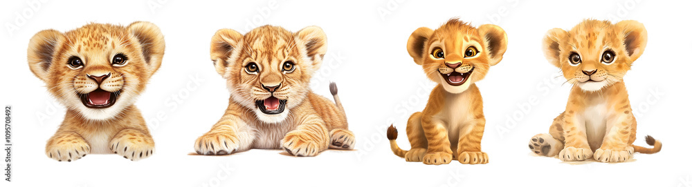 Obraz premium Adorable lion cubs with playful expressions against a clean background.
