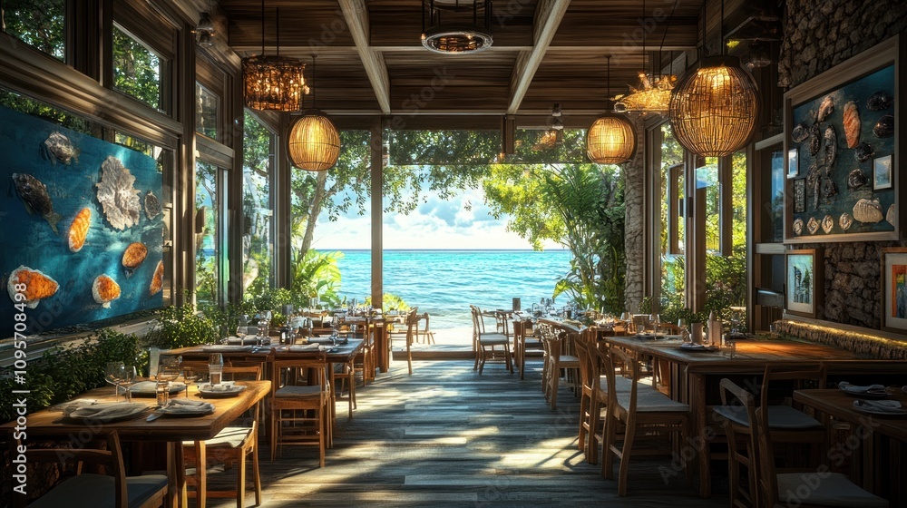 Fototapeta premium A cozy restaurant with ocean views, featuring wooden tables and artistic decor.