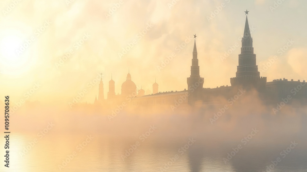 A misty morning view of a historic skyline with towers and domes illuminated by sunrise. A misty morning view of a historic skyline with towers and domes illuminated by sunrise.