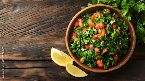 Traditional tabbouleh salad in a modern bowl. photo