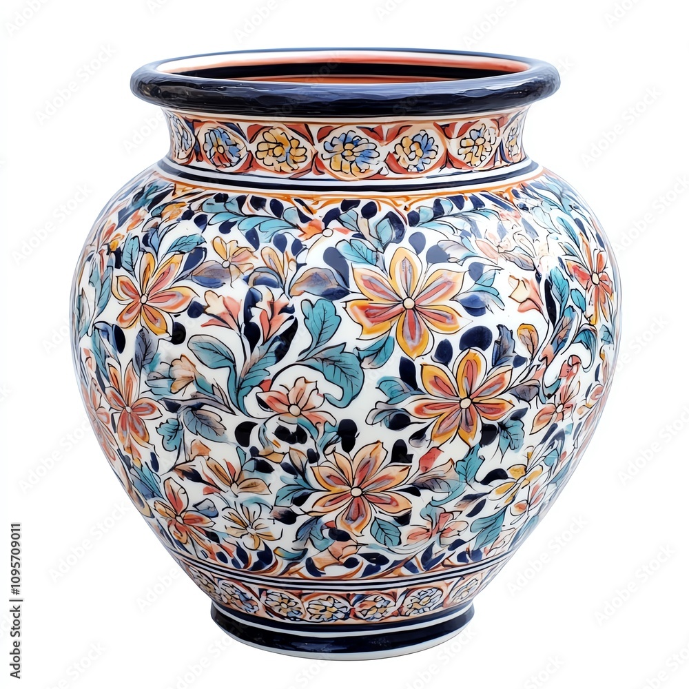 Decorative floral vase with intricate patterns on a white isolated background. Decorative floral vase with intricate patterns on a white isolated background.
