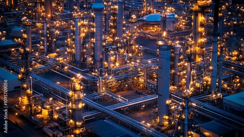 Illuminated industrial plant at night.