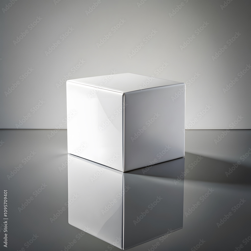 plain white box mockup sitting on reflective surface, showcasing its sleek design and minimalism. Perfect for branding or product presentation plain white box mockup sitting on reflective surface, showcasing its sleek design and minimalism. Perfect for branding or product presentation